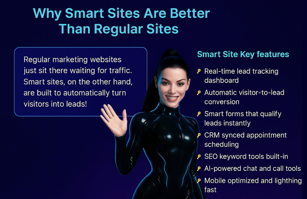 Why Smart Sites Are Better Than Regular Sites - Nova explaining smart site key features including real-time lead tracking, automatic conversion, smart forms, CRM scheduling, SEO tools, AI chat, and mobile optimization